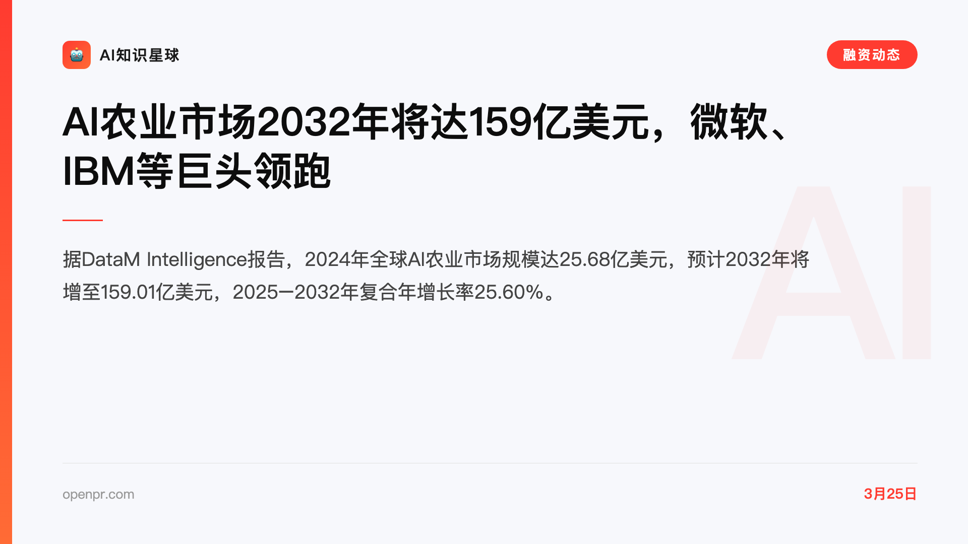 AI农业市场2032年将达159亿美元,微软、IBM等巨头领跑