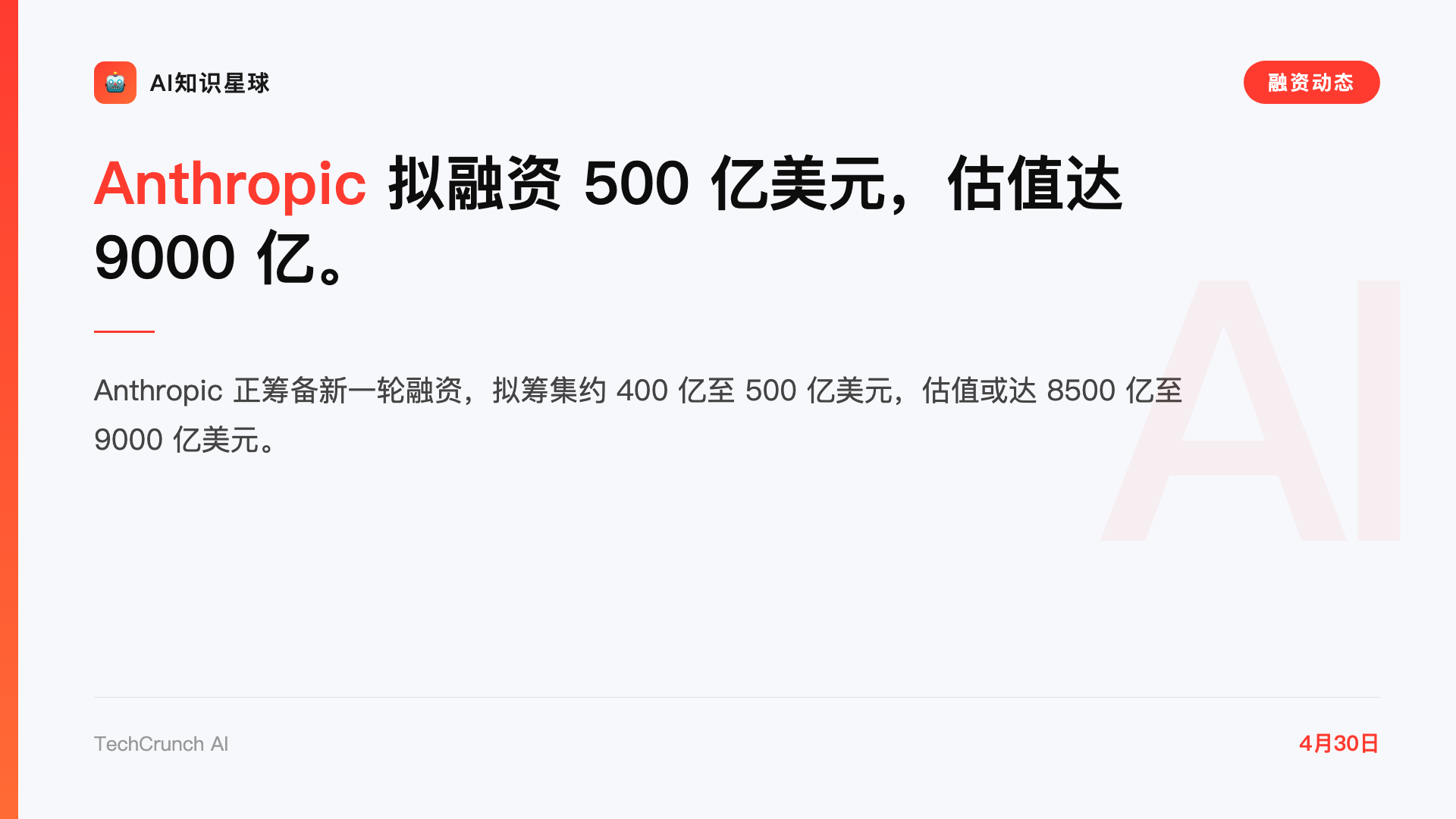 Anthropic 拟融资 500 亿美元,估值达 9000 亿。